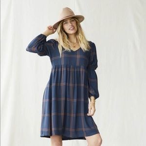 Silvi Womens Windowpane Plaid Dress, Honey Gold & Blue- Size L